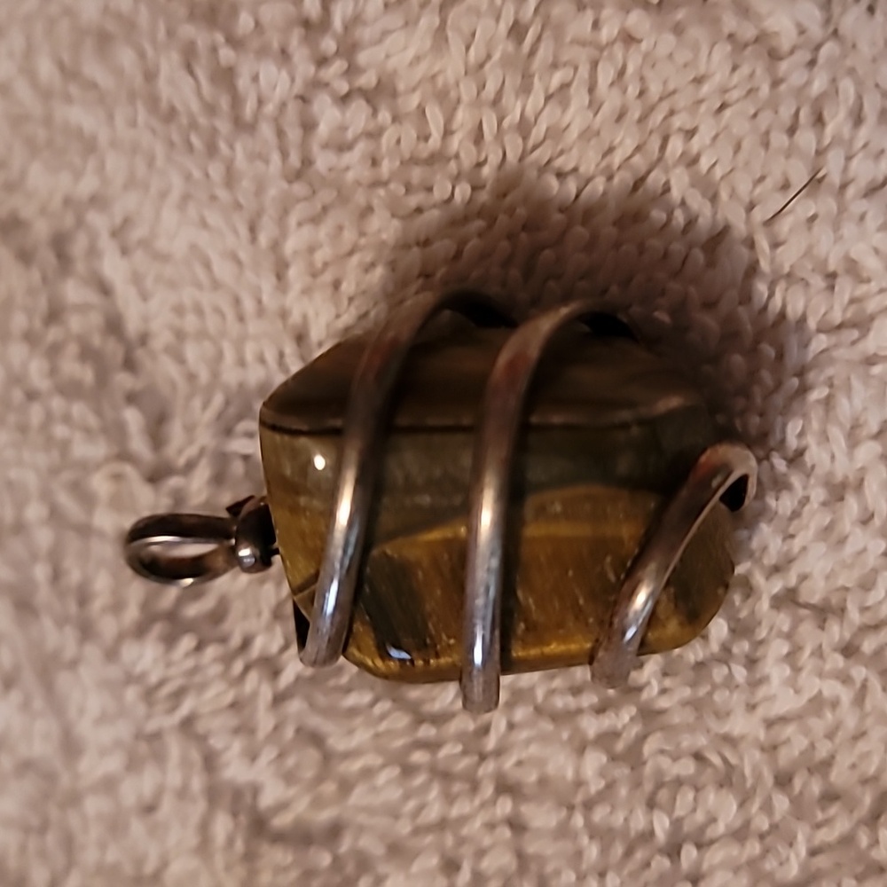 Wire Wrapped Tigers Eye Stone Pendant With Silvertone Wire‎ & Bale
